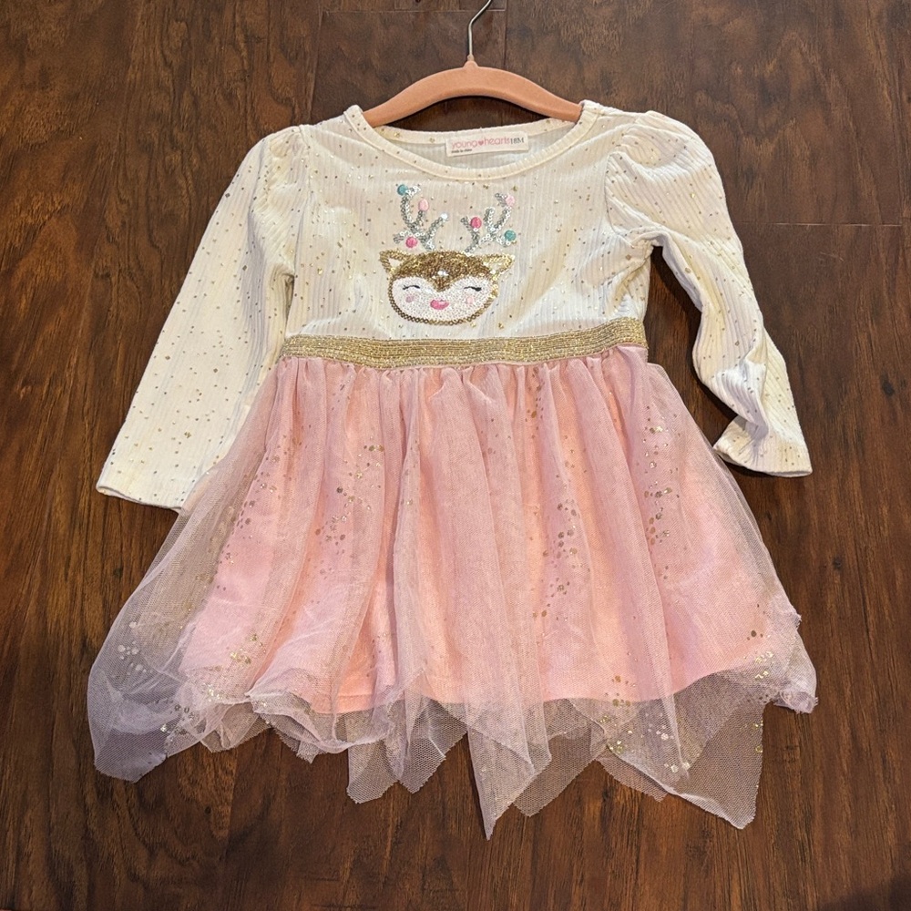 Girls' Sequin Reindeer Tulle Dress with Gold Accents